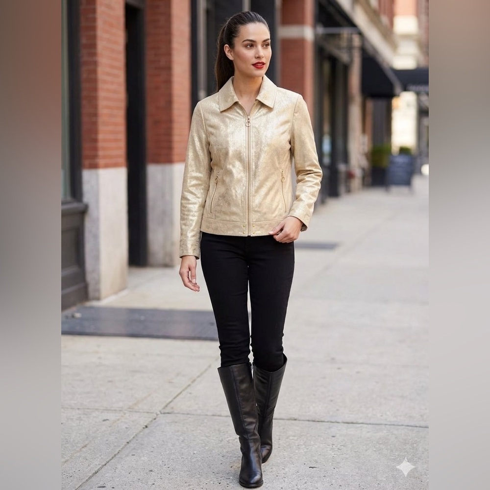 Gold Metallic Leather Jacket Women Size 4 biker motor chic fall winter fashion